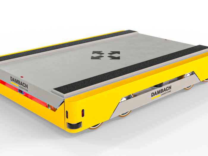 Flaches automatisiertes Transportfahrzeug von DAMBACH für den innerbetrieblichen Materialtransport