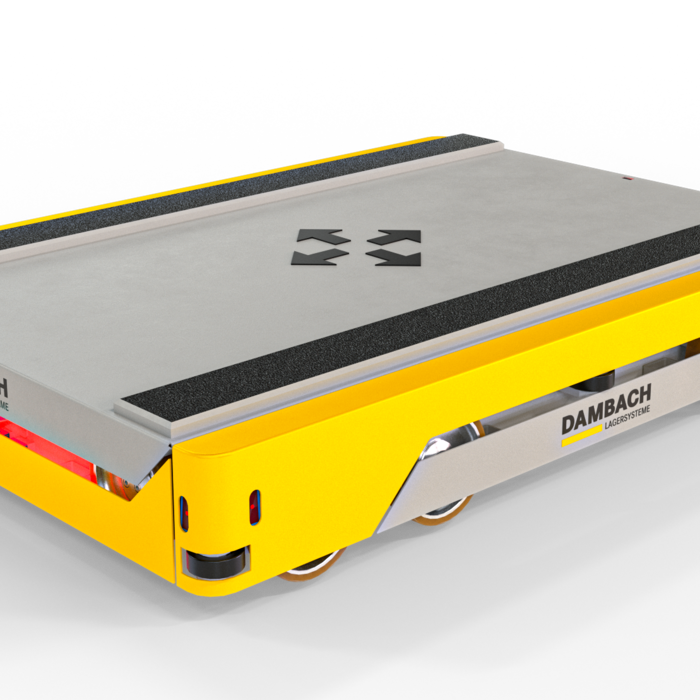 Flaches automatisiertes Transportfahrzeug von DAMBACH für den innerbetrieblichen Materialtransport