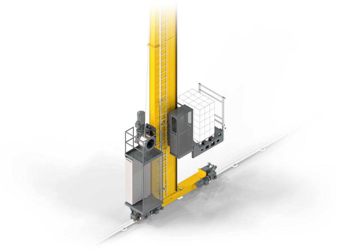 Automatisiertes Lagergerät mit Hubmast für die Ein- und Auslagerung von Ladeeinheiten