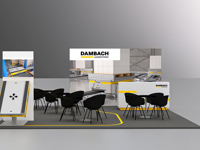 DAMBACH-Messestand mit automatisierten Lagerfahrzeugen und Präsentationsmonitoren
