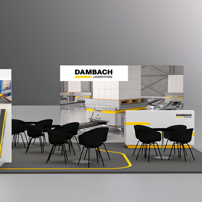 DAMBACH-Messestand mit automatisierten Lagerfahrzeugen und Präsentationsmonitoren