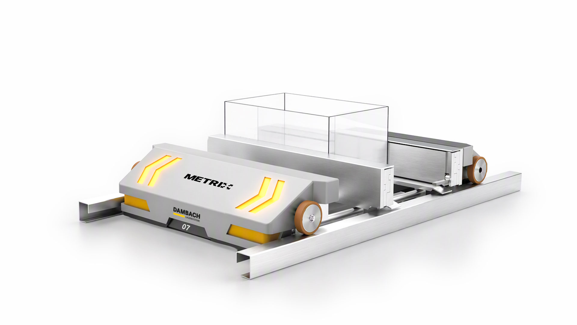 DAMBACH METRIX Shuttle-Fahrzeug mit gelber LED-Signatur auf Schienenprofil im Kanallager mit Behälter
