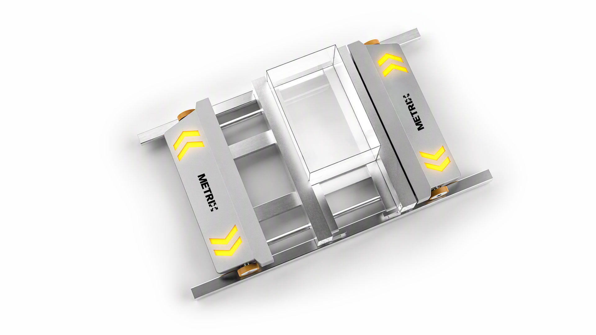 Zwei DAMBACH METRIX Shuttles im Tandembetrieb auf parallelen Schienen mit Behälter zwischen den Fahrzeugen