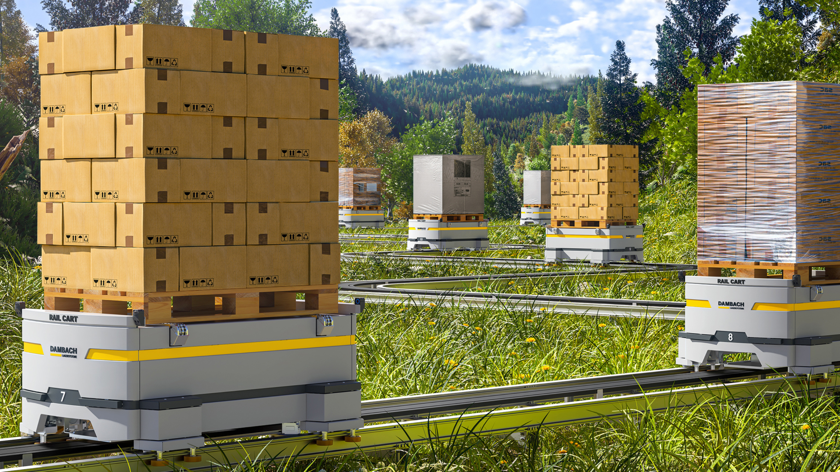 Bienenkästen auf Paletten in einer alpinen Landschaft bei Dambach Lagersysteme